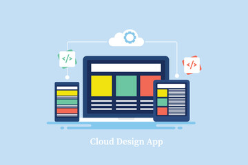 Wall Mural - responsive website design page on multiple device screen hosted on cloud computing technology server