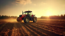 Agricultural Vehicle Works At Sunset In Countryside, Banner, Ai Genrative