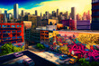 Colorful Cityscape. A Vibrant Display of Urban Street Art and Graffiti with a Skyline Backdrop. Generative AI