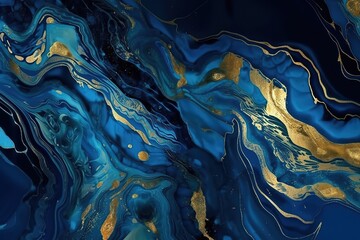  Abstract dark blue background with golden foil. Artificial stone texture, fake agate, trendy marbled wallpaper, digital marbling illustration, Generative AI