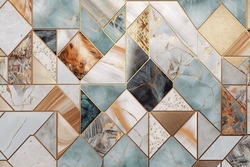 Abstract geometric background with marble mosaic inlay. Mixed wall tiles with artificial stone textures and shiny metallic foil. Modern wallpaper, Generative AI