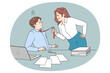 Young woman employee pull male employee tie seduce him at workplace. Female worker show attraction to man coworker. Sexual harassment and abuse in office. Flat vector illustration.