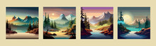 Banner Set Epic Landscape Forest Water, River Sunset Against Backdrop Mountains. Vector Illustration.