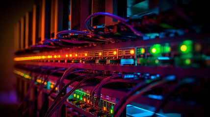 Row of network servers with glowing LED lights.