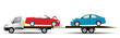 A tow truck with a trailer tows emergency vehicles. Flat vector illustration.