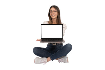 Woman holding laptop mockup, smiling  positive young caucasian woman holding laptop mockup. Blank white screen modern notebook. Lady sitting on the ground showing display of computer. Transparent, png