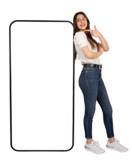 Smartphone mockup, woman pointing huge smartphone mockup with empty white screen, full body length  caucasian beautiful lady leaning huge mobile phone. Transparent, png. Copy space. New app banner.
