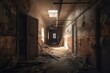 A dismal dilapidated hallway with a ruined roof in a deserted mental hospital. Generative AI