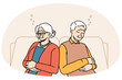 Tired old man and woman sit relax in chairs taking nap or daydreaming. Exhausted mature grandparents rest in armchairs sleeping and seeing dreams. Maturity and relaxation. Vector illustration.