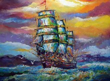   Art Painting Oil Color Barque Thailand  Lucky  Sailboat