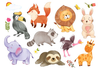 Collection of wildlife animals and plant elements . Watercolor painting cartoon character design . Vector .