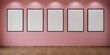 5 cadres vides accrochés sur un mur rose avec des spots, illustration pour intégration, rendu 3d
