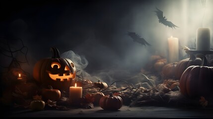 Halloween bats, skeleton, pumpkin and spider in dark scary mood with fog in dramatic lighting have empty space on right side for text created with Generative AI technology.