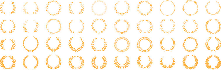 Golden laurel wreath round frame set. Rings with gold leaves. Roman circular badge for anniversary, wedding, award isolated on dark background. Vector illustration