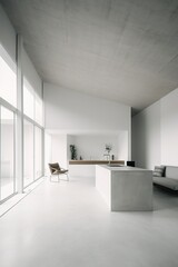 Sticker - Minimalist interior design with white concrete walls and large windows. Generative Ai