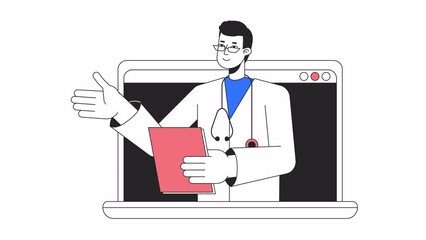 Wall Mural - online doctor appointment animation. animated asian male physician in laptop 2d cartoon flat colour 
