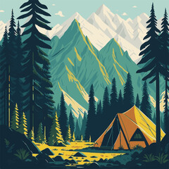 tent on the background of nature. camping in nature. tent in the woods with a camp fire.