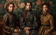Three beautiful models with elegant hairstyles posing in retro style clothes and expensive luxury jewelry. victorian hairstyle. Ai generative.