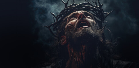 Jesus Christ wearing crown of thorns Passion and Resurection. jesus day holy,Easter card, Good Friday.thanksgivings, Generative AI.