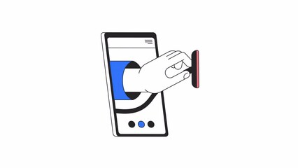 Wall Mural - mobile health app animation. animated doctor hand with stethoscope in smartphone 2d cartoon flat col