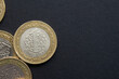 Turkish lira coins on black background. Closeup photo of Turkish coin moneys.
