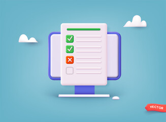 DIsplay monitor and checkbox and marks, online questionnaire results. 3D Web Vector Illustrations.