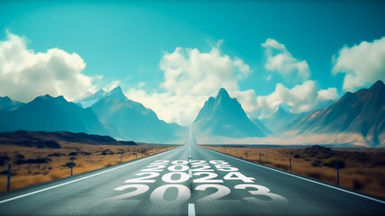 New year 2024 of long road straight forward to beuatiful mountain and future vision and road to success concept, Generative AI