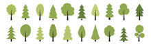 Green Tree Vector Icon Set. Wood With Leaf Natural Collection In Flat Style. Tree Simple Different Logo Design Elements. 