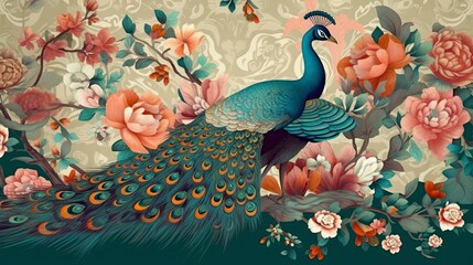 Exotic oriental pattern with peacocks and flowers in bright color background, Generative AI