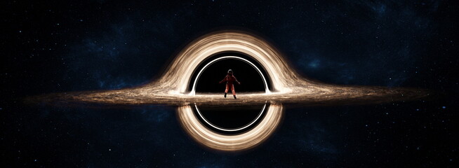 Wall Mural - astronaut looks at black hole in space devouring space and black matter. interstellar space, hot ion