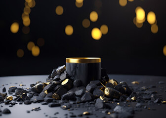 Abstract background with Black cylinder podium for product presentatio surrounded by black rock cobblestons and golden nuggets. Modern minimal showcase with empty space.  Ai Generative illustration