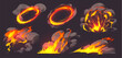 Game effect of fire, flame animation with smoke clouds. Comic blast, bomb explosion, magic burst with yellow fire splashes and smoke, vector cartoon illustration