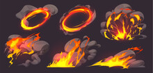 Game Effect Of Fire, Flame Animation With Smoke Clouds. Comic Blast, Bomb Explosion, Magic Burst With Yellow Fire Splashes And Smoke, Vector Cartoon Illustration