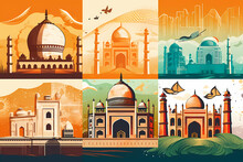 A Poster For India Showing Different Buildings And The Name Agra. AI Generation