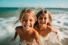 Happy Kids In A Wavy Sea, Summer Outdoor Fun Near The Ocean, Ai Generative
