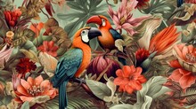 Vintage Style Tropical Wallpaper Of Tropical Forest With Plants And Birds, Ai Generative	
