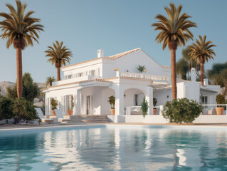 Wall Mural - Exterior of luxury Holiday Villa with blue sky and beautiful swimming pool. AI generative