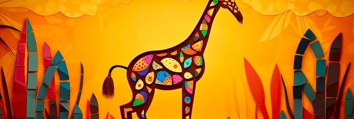 Wall Mural - Giraffe made of colorful paper on orange background. Created with Generative AI tools