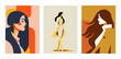 Feminine model fashion autumn portrait abstract geometric beige artwork poster set vector flat