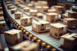 Cardboard boxes and packages move on an autonomous conveyor belt in a bustling logistics center. Ai generated