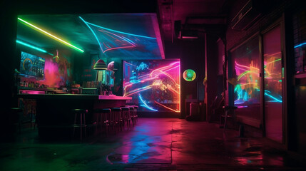 Wall Mural - Creative, original, futuristic places, with neon lights and lots of color contrasts. Shapes, figures and futuristic, alternative and suburban decoration. Spaces for artists. Image generated by AI.