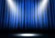 Blue curtain illuminated by spotlights. Closed velvet drapes. Vector illustration.