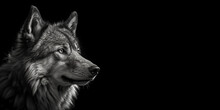 Black And White Photorealistic Studio Portrait Of A Wolf On Black Background. Generative AI Illustration