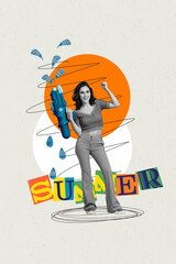 Poster - Artwork collage picture of funky lucky lady winning shooting water game isolated drawing background