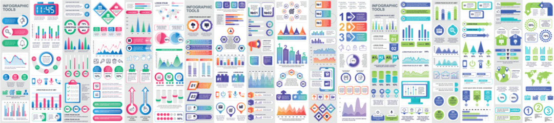 Poster - Mega set of infographic elements data visualization vector design template. Can be used for steps, options, business process, workflow, diagram, flowchart, timeline, marketing. Bundle info graphics.