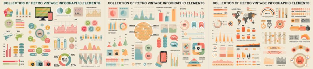 Mega set of vintage infographic elements data visualization vector design template. Can be used for steps, options, workflow, diagram, flowchart, timeline, marketing. Bundle retro info graphics.