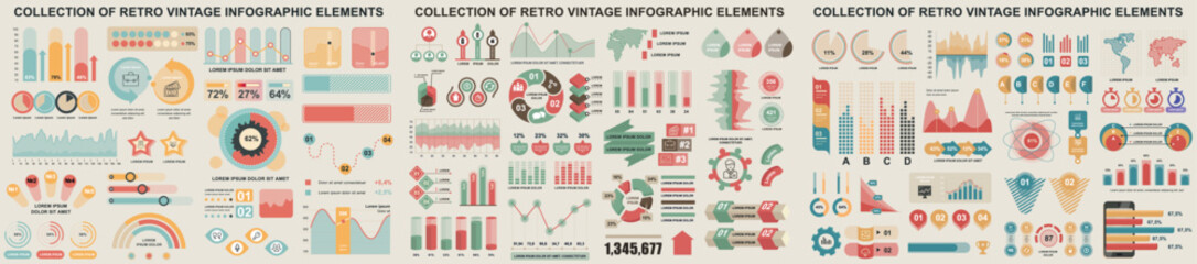 Leinwandbilder - Mega set of vintage infographic elements data visualization vector design template. Can be used for steps, options, workflow, diagram, flowchart, timeline, marketing. Bundle retro info graphics.