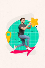 Sticker - Photo collage artwork minimal picture of excited guy rating testing modern device app isolated graphical background