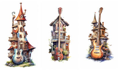 Wall Mural - Watercolour fantasy music guitar houses. Greeting cards and envelopes artwork project.