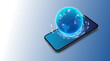 © LIORIKI - Mobile global communications. World wide web on phone via wireless satellite network technology. Smartphone digital connection at clouds services of all earth. Holographic abstract interface.